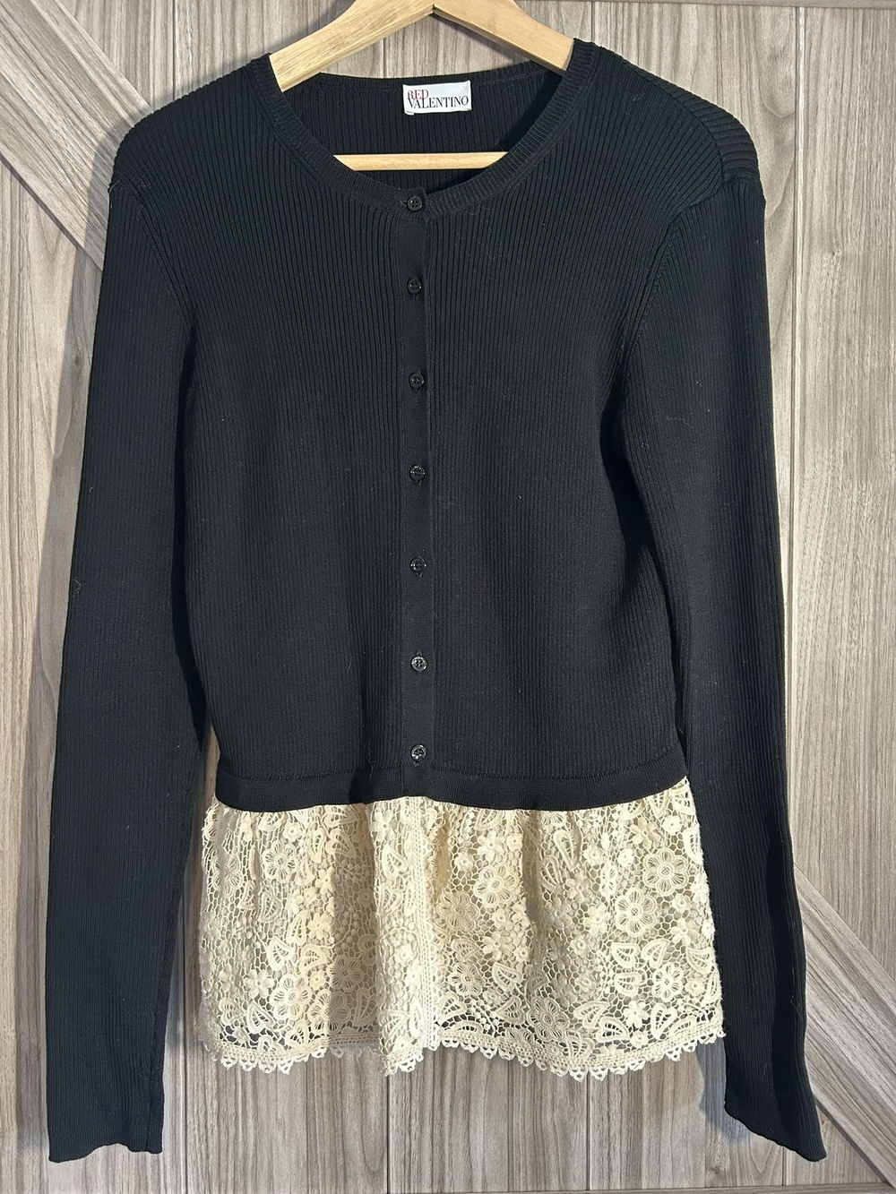 RED Valentino Black Ribbed Knit Lace Peplum Cardigan Sweater Size L